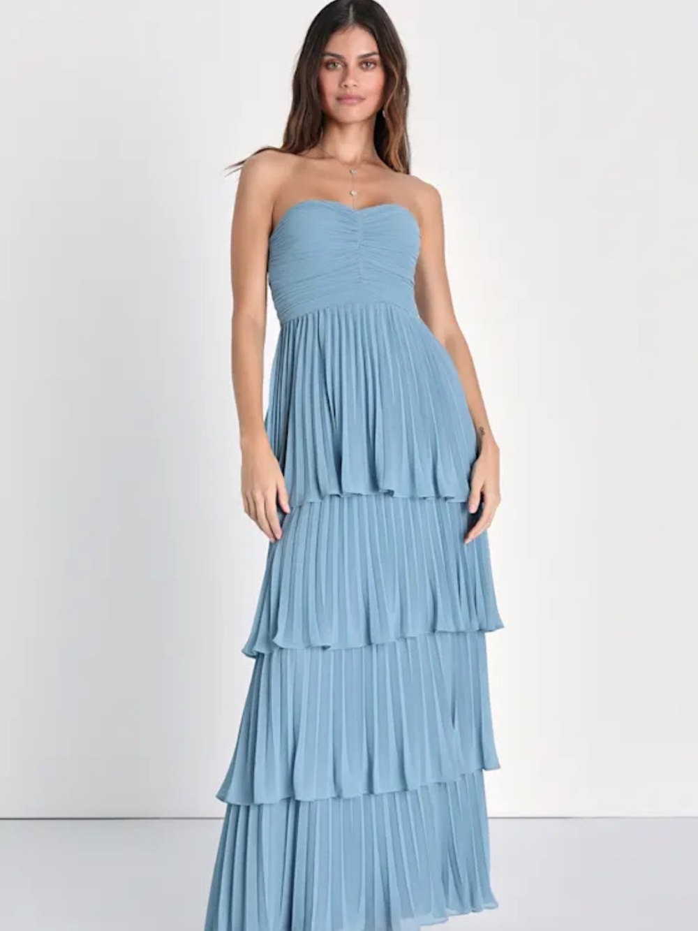 Lulu's Dusty Blue Strapless Tiered Pleated Maxi Dress size XL